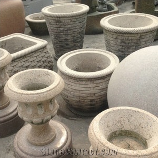 G682 Granite Garden Plante Carvings, Hand Carved Stone Flower Pots Ornaments