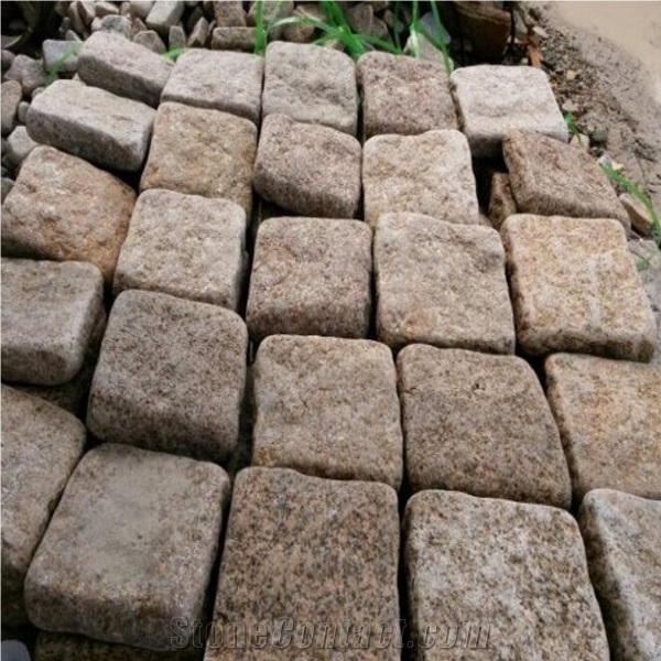 G682 Granite Tumbled Cubestone, Rusty Yellow,Sunset Gold, Garden Cobble Stone,Yellow Paving Stone,Granite Walkway Pavers,Cobble Stone,Exterior Cube Stone,Floor Covering, Chinese Yellow Paving Stone