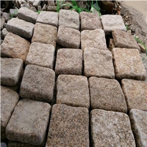 G682 Granite Tumbled Cubestone, Rusty Yellow,Sunset Gold, Garden Cobble Stone,Yellow Paving Stone,Granite Walkway Pavers,Cobble Stone,Exterior Cube Stone,Floor Covering, Chinese Yellow Paving Stone