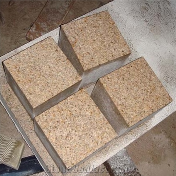 G682 Granite Tumbled Cubestone, Rusty Yellow,Sunset Gold, Garden Cobble Stone,Yellow Paving Stone,Granite Walkway Pavers,Cobble Stone,Exterior Cube Stone,Floor Covering, Chinese Yellow Paving Stone