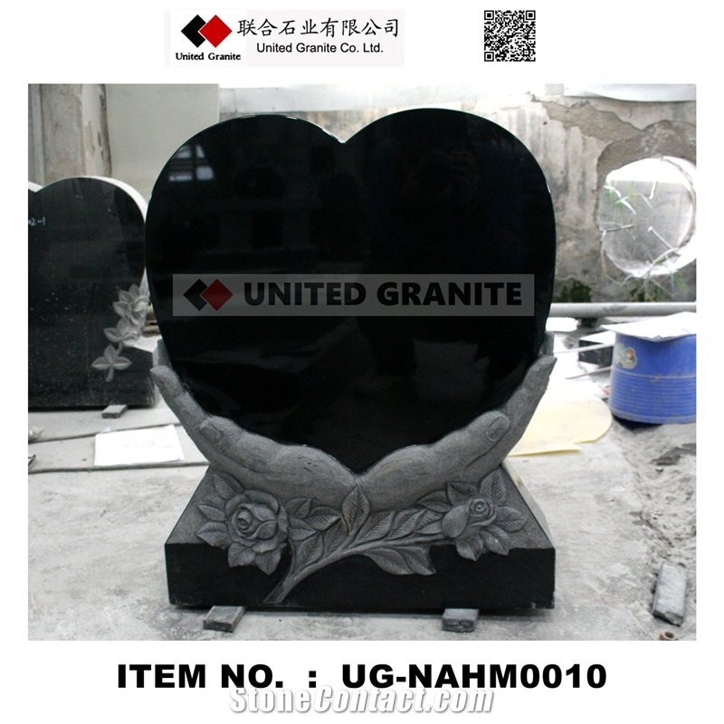Ug-Nahm0010 Shanxi Black Polished Heart W/ Hands and Flower Carving Tombstone & Monument