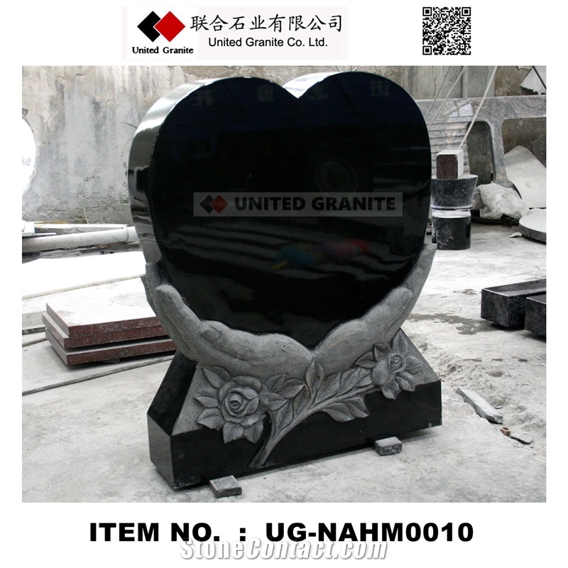 Ug-Nahm0010 Shanxi Black Polished Heart W/ Hands and Flower Carving Tombstone & Monument