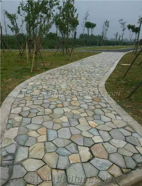 Random Walkway Paver,Crazy Paver Stone, Yellow Slate Pavers Radom Shape, Yellow Wooden Vein Pavers, Random Flag Stone, Yellow Slate Wall Cladding, Yellow Slate Floor Decoration, Xiamen Winggreen Stone