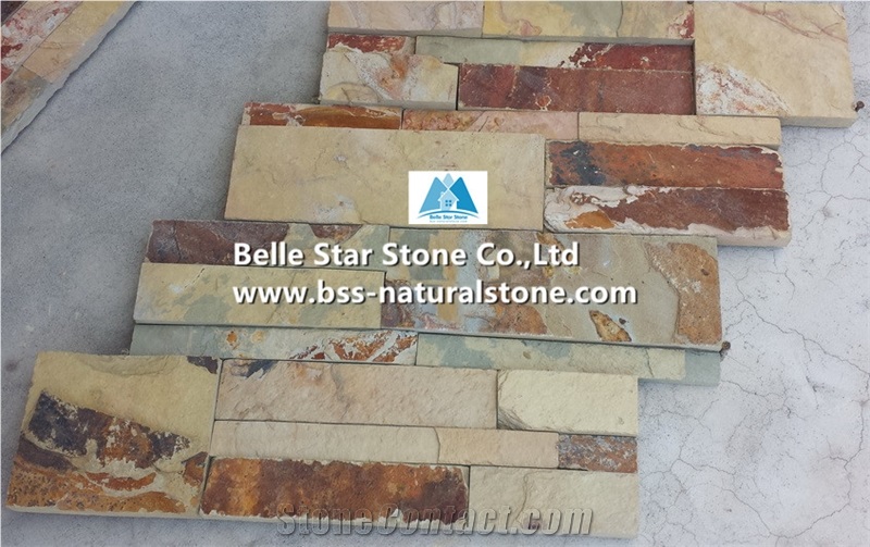 Chinese Yellow Rusty Split Face Slate Stacked Stone,Yellow Multicolour Slate S Cut Stone Cladding,Yellow Multicolor Slate Ledgestone,Yellow Sunset Bronze Slate Culture Stone,Thin Stone Veneer
