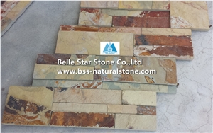 Chinese Yellow Rusty Split Face Slate Stacked Stone,Yellow Multicolour Slate S Cut Stone Cladding,Yellow Multicolor Slate Ledgestone,Yellow Sunset Bronze Slate Culture Stone,Thin Stone Veneer