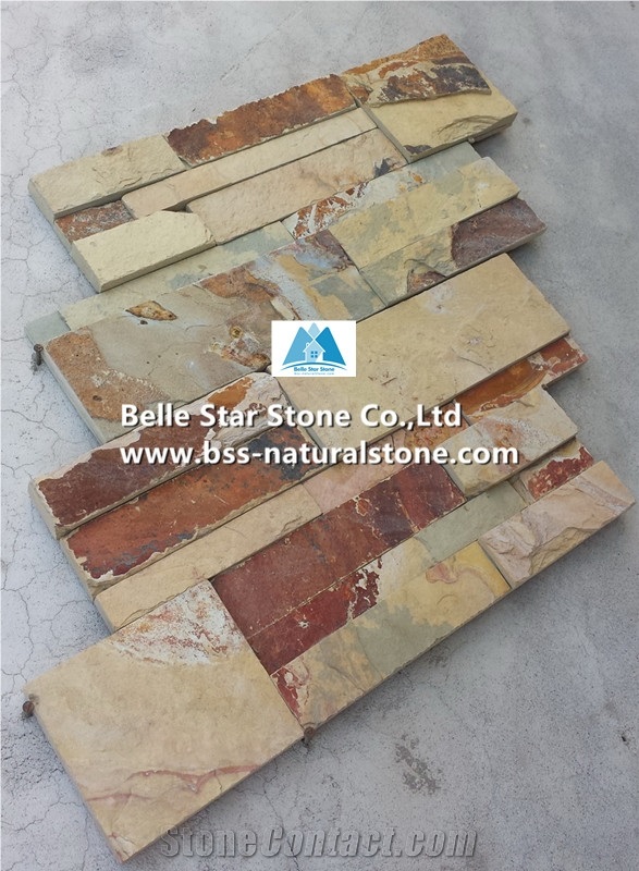 Chinese Yellow Rusty Split Face Slate Stacked Stone,Yellow Multicolour Slate S Cut Stone Cladding,Yellow Multicolor Slate Ledgestone,Yellow Sunset Bronze Slate Culture Stone,Thin Stone Veneer
