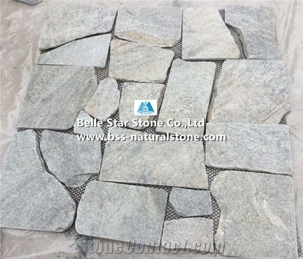 Green Quartzite Tumbled Random Flagstone,Green Flagstone Wall,Quartzite Irregular Flagstones,Green Crazy Stone,Natural Quartzite Flagstone Walkway Pavers,Landscaping Wall Facade Stone,Flagstone Paving