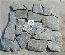 Green Quartzite Tumbled Random Flagstone,Green Flagstone Wall,Quartzite Irregular Flagstones,Green Crazy Stone,Natural Quartzite Flagstone Walkway Pavers,Landscaping Wall Facade Stone,Flagstone Paving