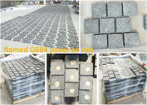 China Black Granite Black Pearl Black Granite Fuding Black G684 Flamed Bush Hammered Cobble on Mesh Cube Stone,Mixed Granite Stone and Colors Driveway Paving Stone,Garden Landscaping Natural Granite