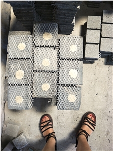 China Black Granite Black Pearl Black Granite Fuding Black G684 Flamed Bush Hammered Cobble on Mesh Cube Stone,Mixed Granite Stone and Colors Driveway Paving Stone,Garden Landscaping Natural Granite