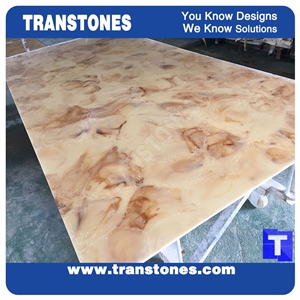 Honed Translucent Backlit Artificial Golden Rose Solid Surface Marble Slabs Tiles for Wall Panel,Floor Covering Sheet,Interior Feature Wall,Hotel Reception Table Desk Design Material