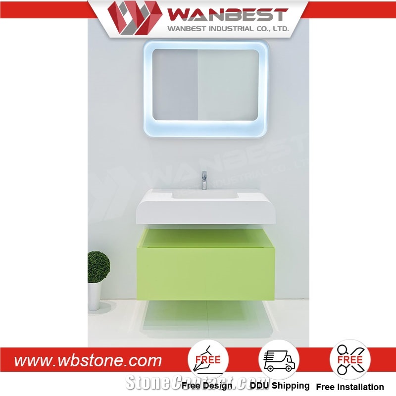 Custom Artificial Stone Wall Hung Bathroom Wash Basin with Cabinet Mirror