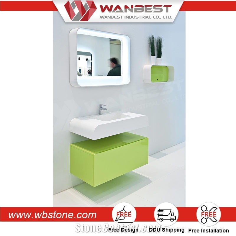 Custom Artificial Stone Wall Hung Bathroom Wash Basin with Cabinet Mirror