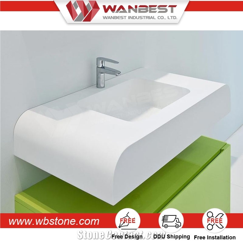 Custom Artificial Stone Wall Hung Bathroom Wash Basin with Cabinet Mirror