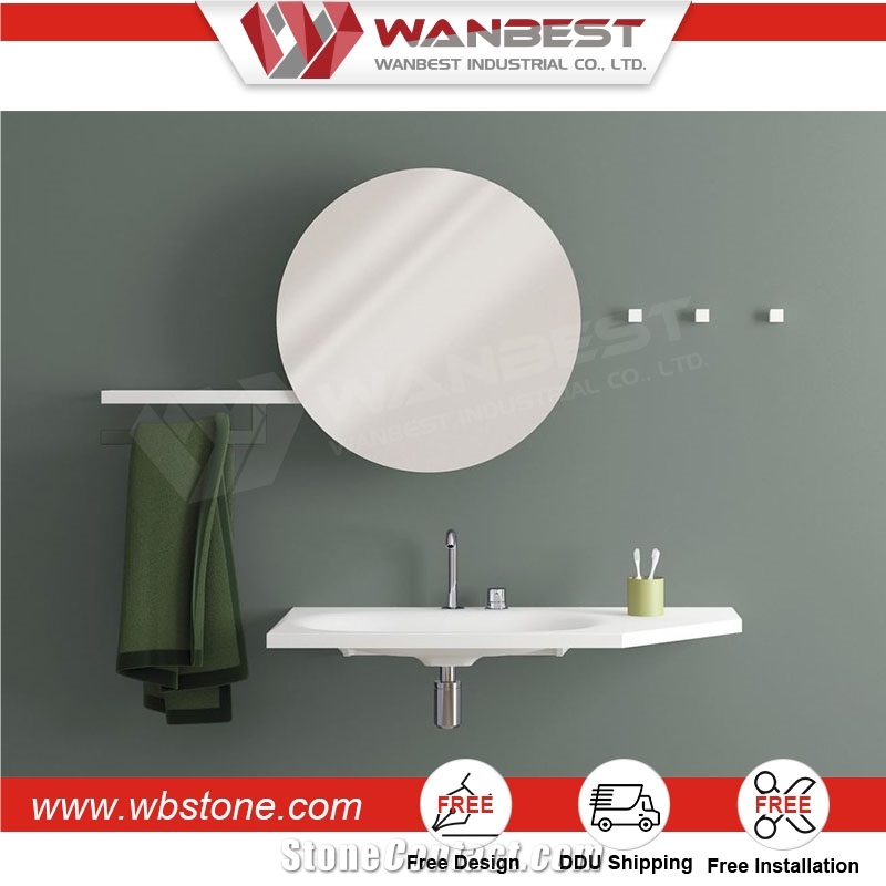 Custom Artificial Stone Wall Hung Bathroom Wash Basin with Cabinet Mirror