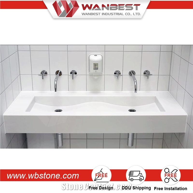 Custom Artificial Stone Wall Hung Bathroom Wash Basin with Cabinet Mirror