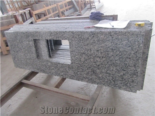 China Popular Cheap Spray/Seawave Sea Wave White Granite Polished Kitchen Countertops, Bar Tops, Worktops with Sink/Wash Basins Hole, Beveled Edge Profile, Nature Building Stone