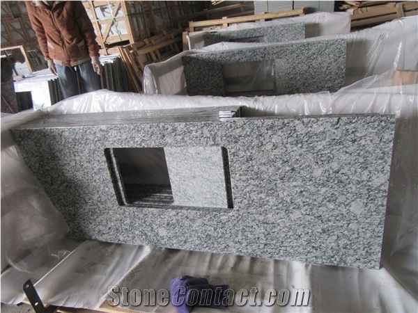 China Popular Cheap Spray/Seawave Sea Wave White Granite Polished Kitchen Countertops, Bar Tops, Worktops with Sink/Wash Basins Hole, Beveled Edge Profile, Nature Building Stone