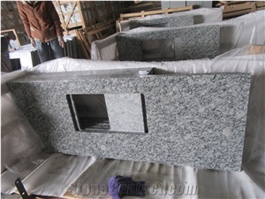 China Popular Cheap Spray/Seawave Sea Wave White Granite Polished Kitchen Countertops, Bar Tops, Worktops with Sink/Wash Basins Hole, Beveled Edge Profile, Nature Building Stone