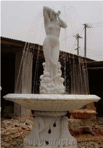 China White Marble Garden Fountains / Human Sculptured Handcarved Exterior Fountains for Garden Decoration