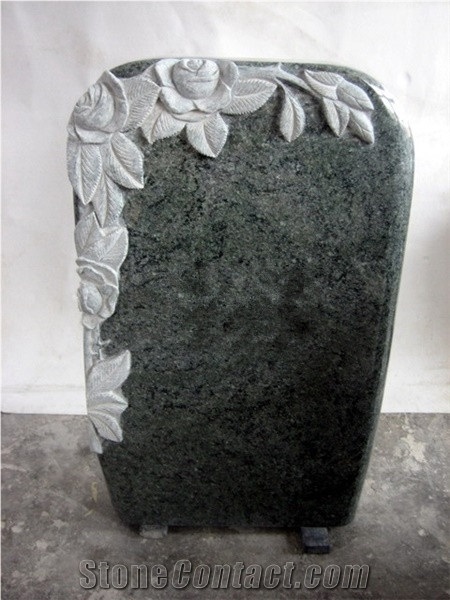 Olive Green Granite Tombstone & Monument,Memorials, German Style Vert Olive,Verde Olive,Verde Maritaca-Oliva,Namaqualand Green Polished and Flower Carved Headstone