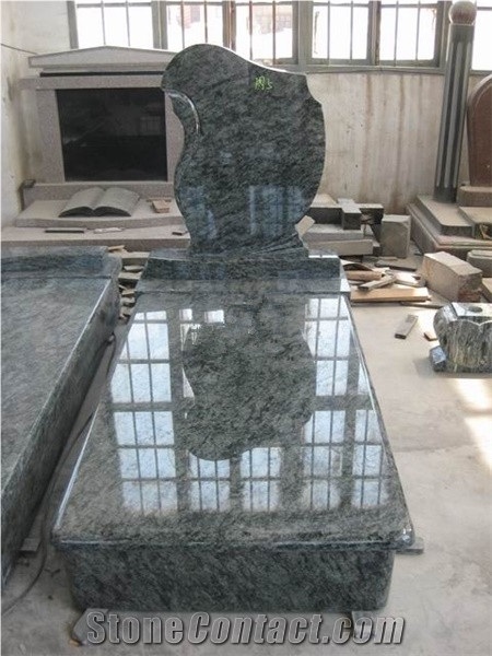 Olive Green Granite Tombstone & Monument,Memorials, German Style Vert Olive,Verde Olive,Verde Maritaca-Oliva,Namaqualand Green Polished and Flower Carved Headstone