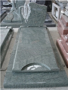 Olive Green Granite Tombstone & Monument,Memorials, German Style Vert Olive,Verde Olive,Verde Maritaca-Oliva,Namaqualand Green Polished and Flower Carved Headstone