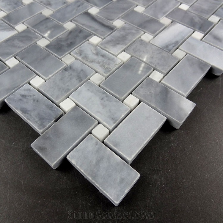 Bardiglio Grey Polished 1x2 Basketweave Bianco Carrara White Dot Mosaic, Italy Grey Mosaic Tile
