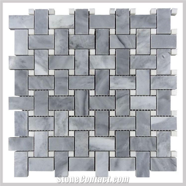 Bardiglio Grey Polished 1x2 Basketweave Bianco Carrara White Dot Mosaic, Italy Grey Mosaic Tile