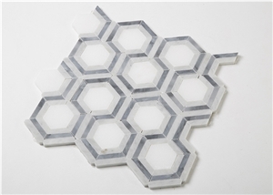 Bianco Carrara White Marble Grey and White Mosaic Tiles , Carrara White Hexagon Mosaic Tile, Italy Grey Marble Mosaic Tile