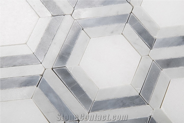 Bianco Carrara White Marble Grey and White Mosaic Tiles , Carrara White Hexagon Mosaic Tile, Italy Grey Marble Mosaic Tile
