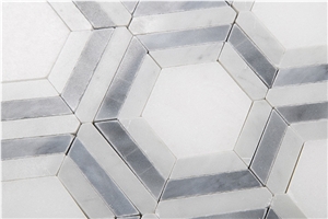 Bianco Carrara White Marble Grey and White Mosaic Tiles , Carrara White Hexagon Mosaic Tile, Italy Grey Marble Mosaic Tile