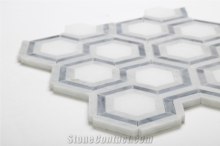 Bianco Carrara White Marble Grey and White Mosaic Tiles , Carrara White Hexagon Mosaic Tile, Italy Grey Marble Mosaic Tile