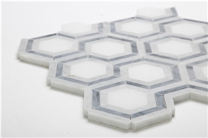 Bianco Carrara White Marble Grey and White Mosaic Tiles , Carrara White Hexagon Mosaic Tile, Italy Grey Marble Mosaic Tile