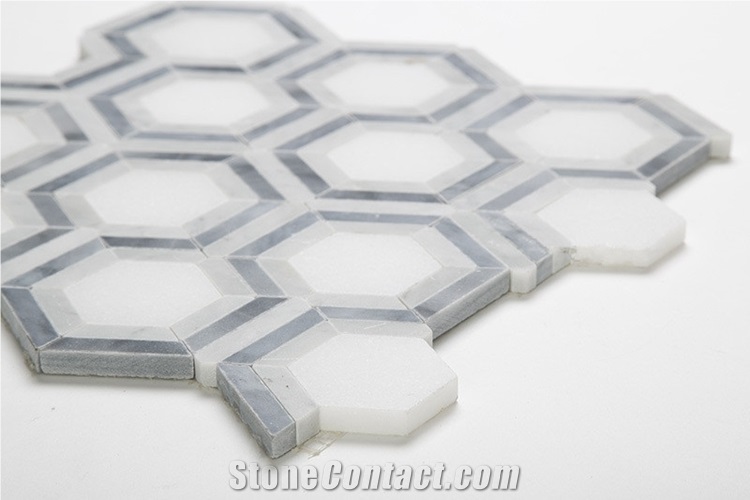 Bianco Carrara White Marble Grey and White Mosaic Tiles , Carrara White Hexagon Mosaic Tile, Italy Grey Marble Mosaic Tile