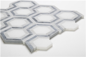 Bianco Carrara White Marble Grey and White Mosaic Tiles , Carrara White Hexagon Mosaic Tile, Italy Grey Marble Mosaic Tile