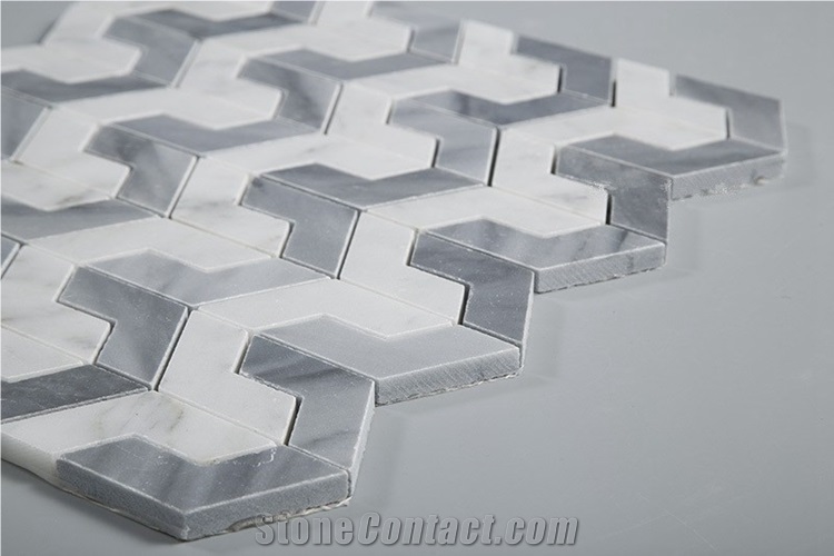 Bianco Carrara White Marble Mix Grey Bathroom Mosaic Tiles, Bianco Carrara White Marble Grey and White Mosaic Tiles, Carrara White Hexagon Mosaic Tile, Italy Grey Marble Mosaic Tile