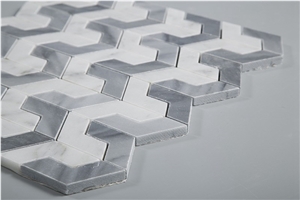 Bianco Carrara White Marble Mix Grey Bathroom Mosaic Tiles, Bianco Carrara White Marble Grey and White Mosaic Tiles, Carrara White Hexagon Mosaic Tile, Italy Grey Marble Mosaic Tile