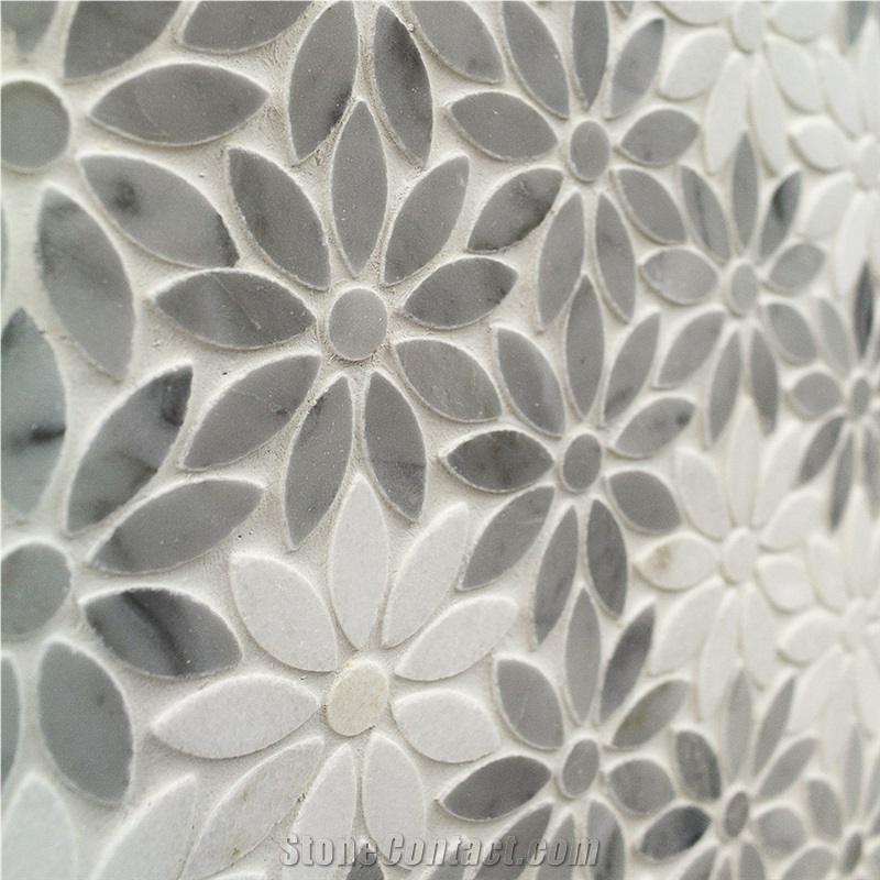 Bianco Carrara White Sun Flower Water Jet Mosaic Backsplash ,Italy Carrara White and Grey Marble Polished Football Pattern Shape Mosaic Tile, Bardiglio Grey and Carrara White Mosaic
