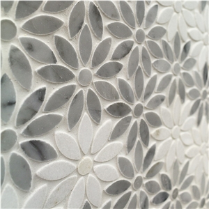 Bianco Carrara White Sun Flower Water Jet Mosaic Backsplash ,Italy Carrara White and Grey Marble Polished Football Pattern Shape Mosaic Tile, Bardiglio Grey and Carrara White Mosaic