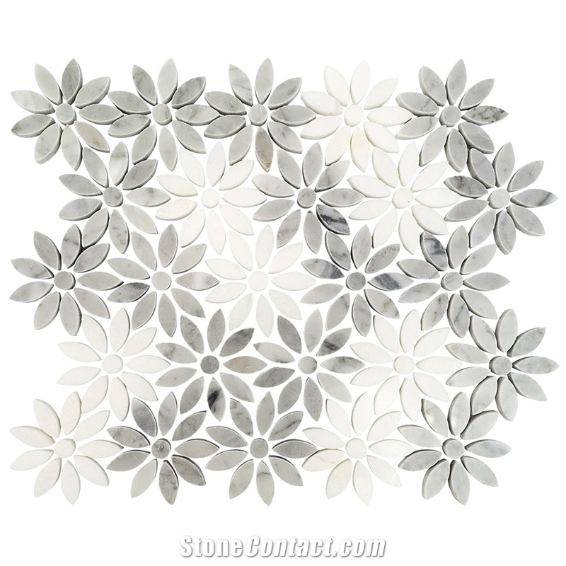 Bianco Carrara White Sun Flower Water Jet Mosaic Backsplash ,Italy Carrara White and Grey Marble Polished Football Pattern Shape Mosaic Tile, Bardiglio Grey and Carrara White Mosaic