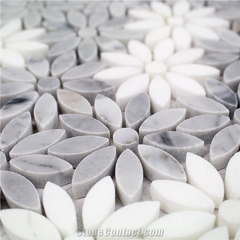 Bianco Carrara White Sun Flower Water Jet Mosaic Backsplash ,Italy Carrara White and Grey Marble Polished Football Pattern Shape Mosaic Tile, Bardiglio Grey and Carrara White Mosaic