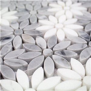 Bianco Carrara White Sun Flower Water Jet Mosaic Backsplash ,Italy Carrara White and Grey Marble Polished Football Pattern Shape Mosaic Tile, Bardiglio Grey and Carrara White Mosaic