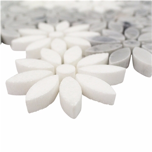 Bianco Carrara White Sun Flower Water Jet Mosaic Backsplash ,Italy Carrara White and Grey Marble Polished Football Pattern Shape Mosaic Tile, Bardiglio Grey and Carrara White Mosaic