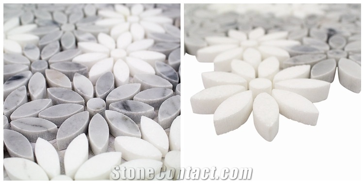 Bianco Carrara White Sun Flower Water Jet Mosaic Backsplash ,Italy Carrara White and Grey Marble Polished Football Pattern Shape Mosaic Tile, Bardiglio Grey and Carrara White Mosaic