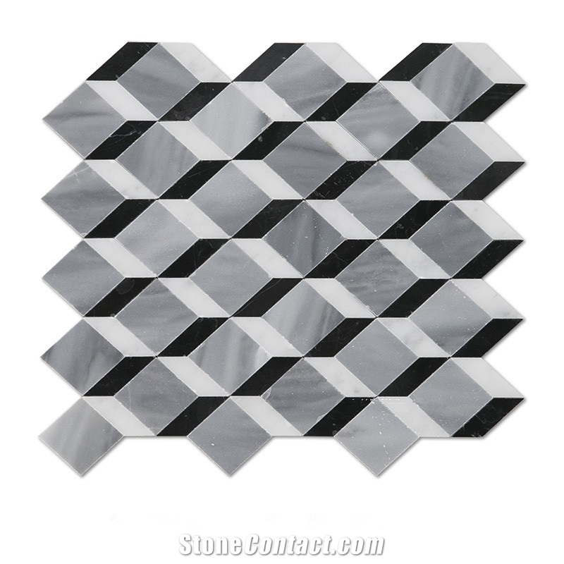 Black and White Marble 3d Design Kitchen Backsplash Mosaic Tiles, Carrara White with Nero Marquina with Marmarra Marble Seamless Mosaic Tile