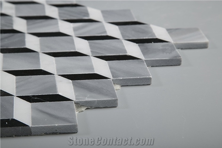 Black and White Marble 3d Design Kitchen Backsplash Mosaic Tiles, Carrara White with Nero Marquina with Marmarra Marble Seamless Mosaic Tile