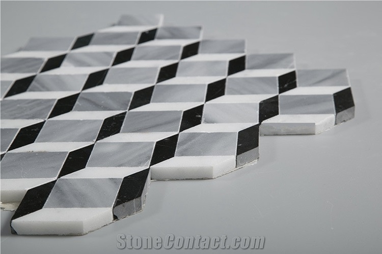Black and White Marble 3d Design Kitchen Backsplash Mosaic Tiles, Carrara White with Nero Marquina with Marmarra Marble Seamless Mosaic Tile