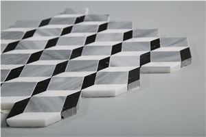 Black and White Marble 3d Design Kitchen Backsplash Mosaic Tiles, Carrara White with Nero Marquina with Marmarra Marble Seamless Mosaic Tile
