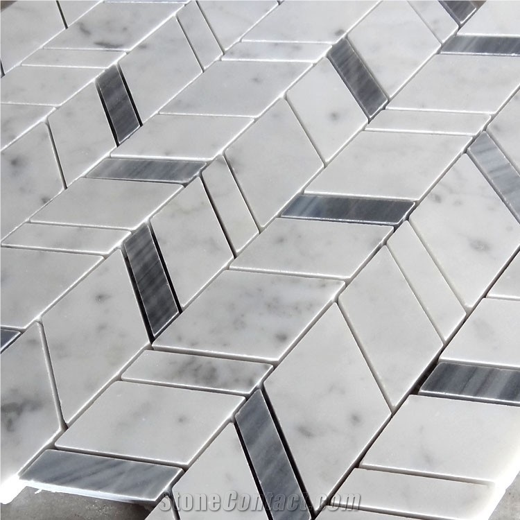 Carrara White and Grey Marble Chevron Mosaic Tile, Bianco Carrara White Mosaic, Italy Grey Brick Mosaic,Bardiglio Grey